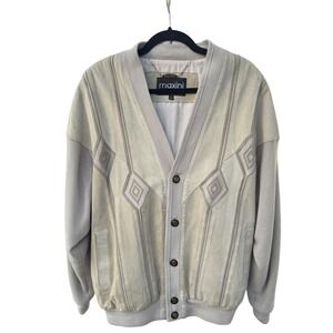Maxini Mens Beige Suede Knit‎ V Neck Button Up Bomber Jacket L Vintage